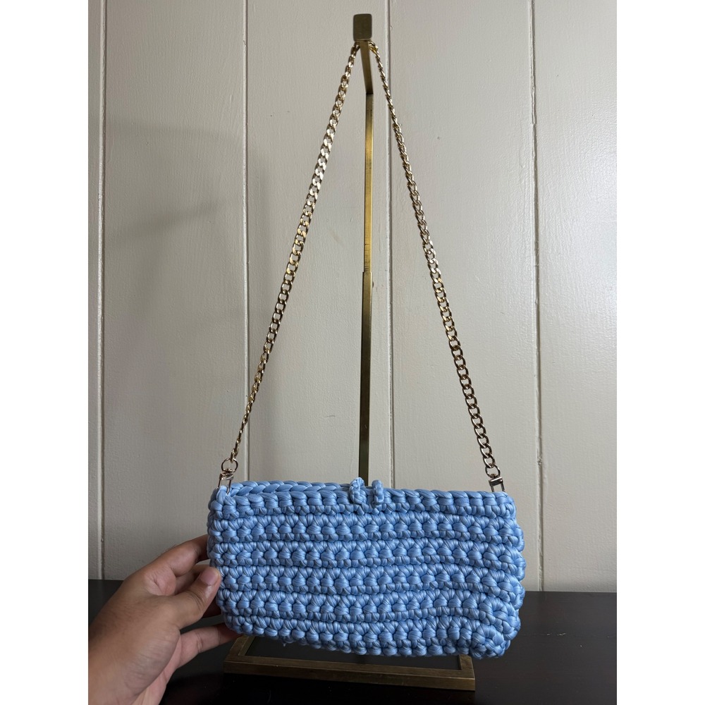 Crochet Shoulder Bag‎ Women's Light Blue Knit Purse with Gold Chain Strap Clutch - Picture 4 of 11